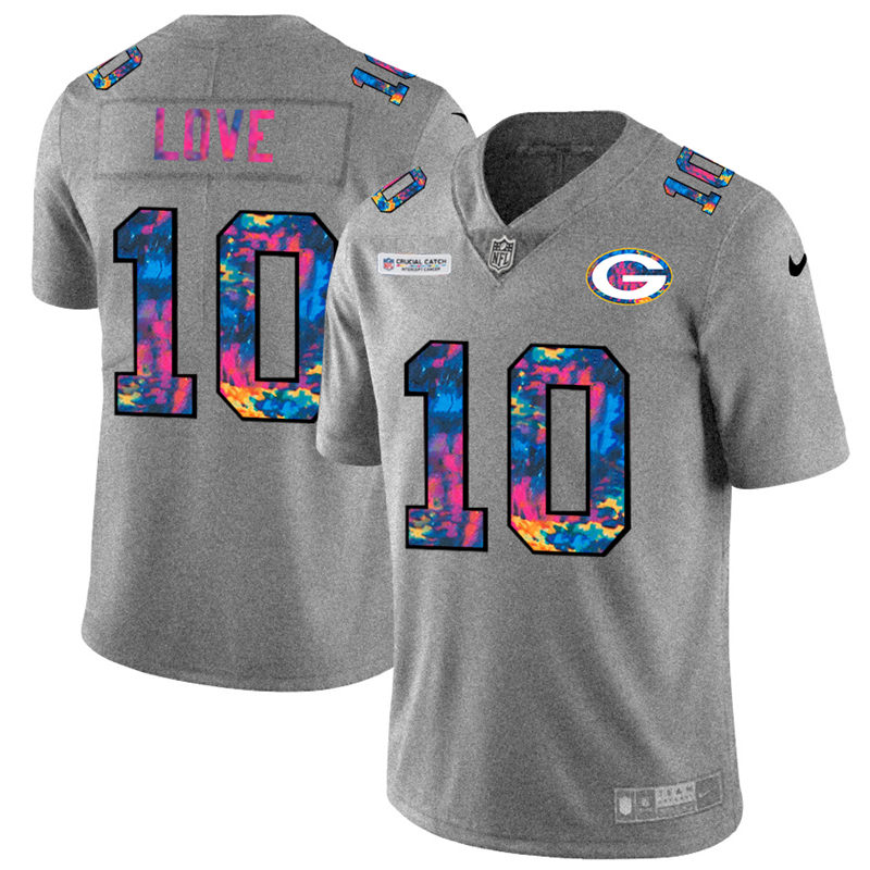 NFL Green Bay Packers #10 Jordan Love Men Nike MultiColor 2020  Crucial Catch  Jersey Grey